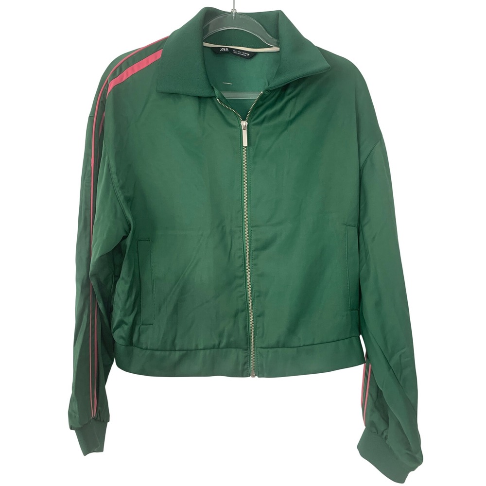 Zara Green Track Jacket Pink Side Stripe Full Zip Sporty Bomber Small 1255/727